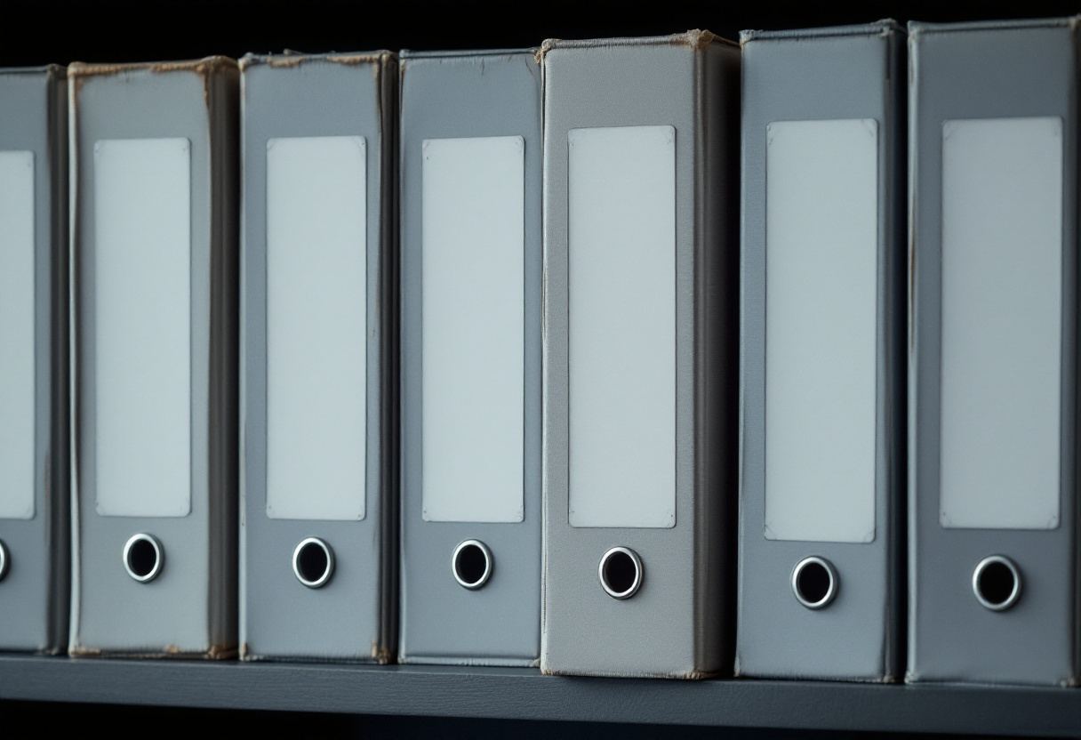 Lomos de archivadores idénticos en un estante. Ninguno lleva etiqueta todavía.